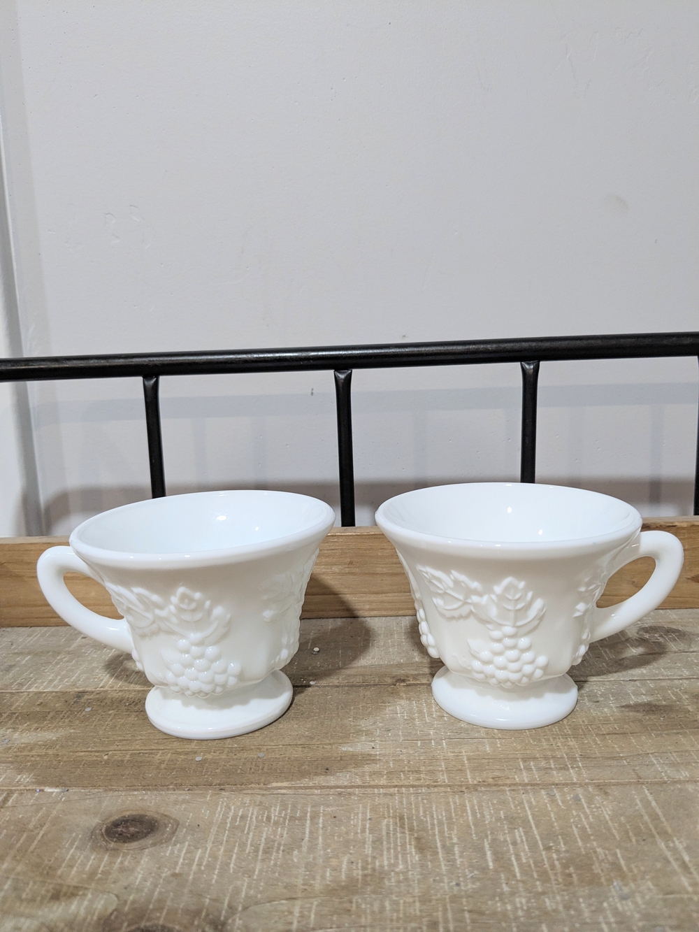 White Milk Glass Grape Embossed Mugs - Set of 2